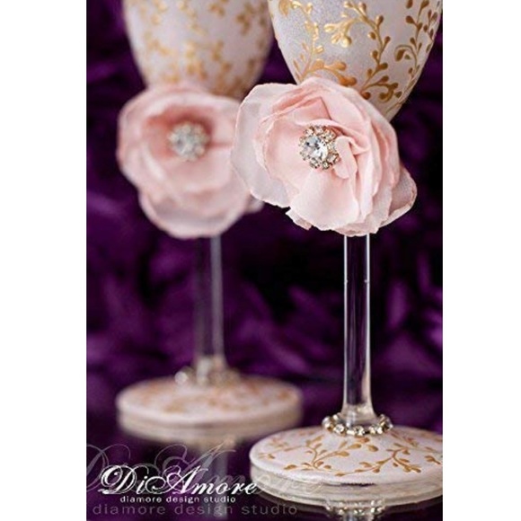 DIAMORE Handmade Blush Floral/Lace Gold Wedding Champagne Flutes (Set of 2) - Picture 3 of 7
